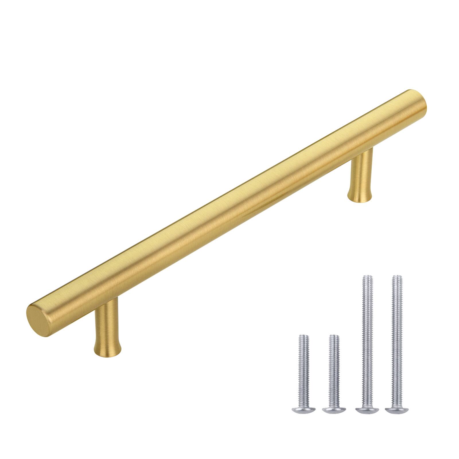 Angle. Akicon - Akicon Solid Brass 5 Inch Hole Center Kitchen Cabinet Handles Drawer Pull 5-Pack in Brushed Gold - Brushed Gold.