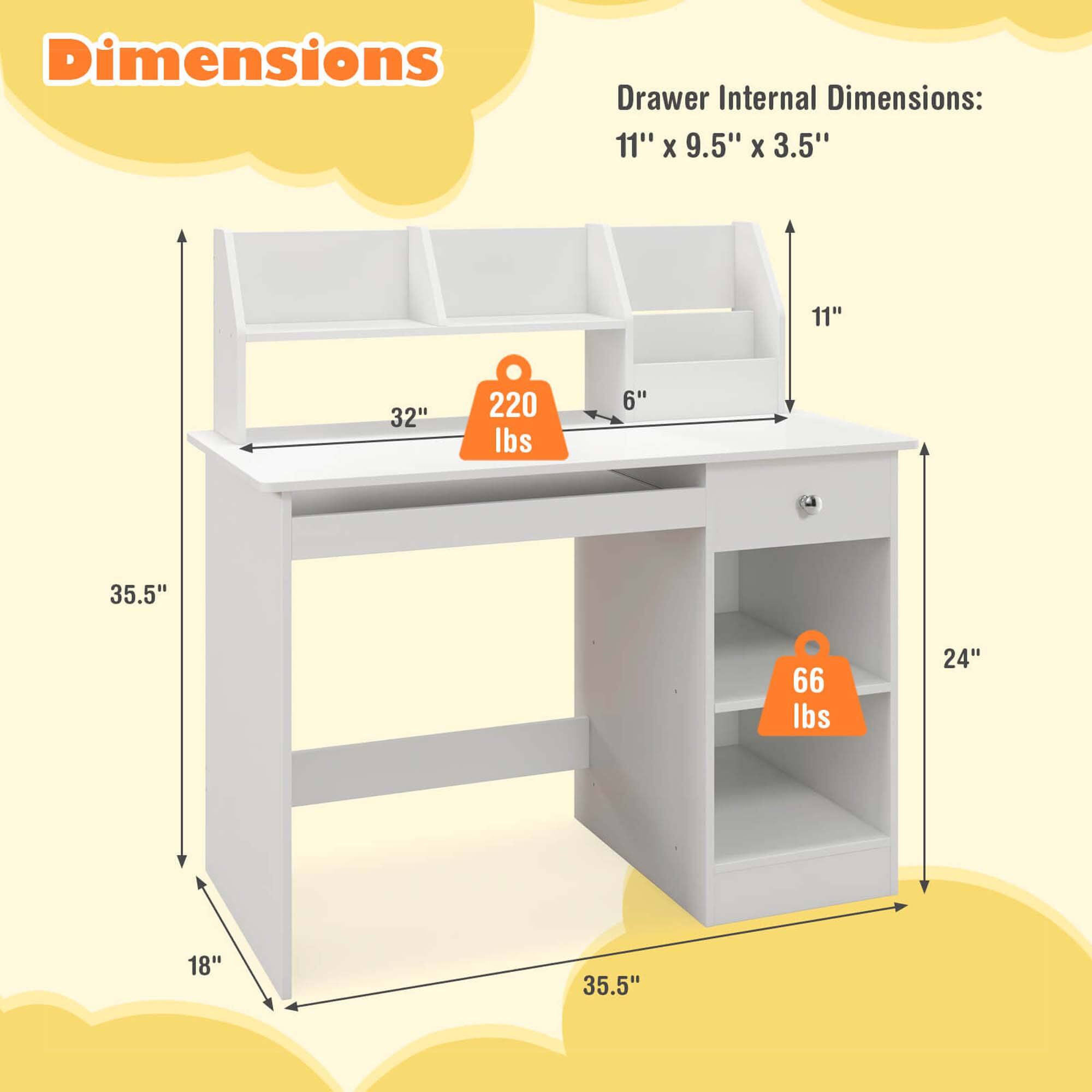 Dimensions  
Drawer Internal Dimensions: 11" x 9.5" x 3.5"  

- 32" x 220 lbs  
- 6" x 35.5" x 66 lbs  
- 24" x 18" x 35.5"  

- 11"  
- 35.5"  
- 18"  
- 24"