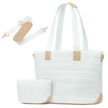 Front. Unique Bargains - Large Travel Tote Bag for Women Quilted Puffy Tote Laptop Compartment Lightweight Shoulder Handbag for Work Commuting - White.