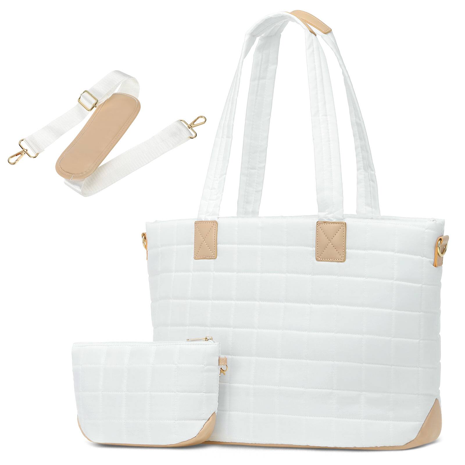 Front. Unique Bargains - Large Travel Tote Bag for Women Quilted Puffy Tote Laptop Compartment Lightweight Shoulder Handbag for Work Commuting - White.