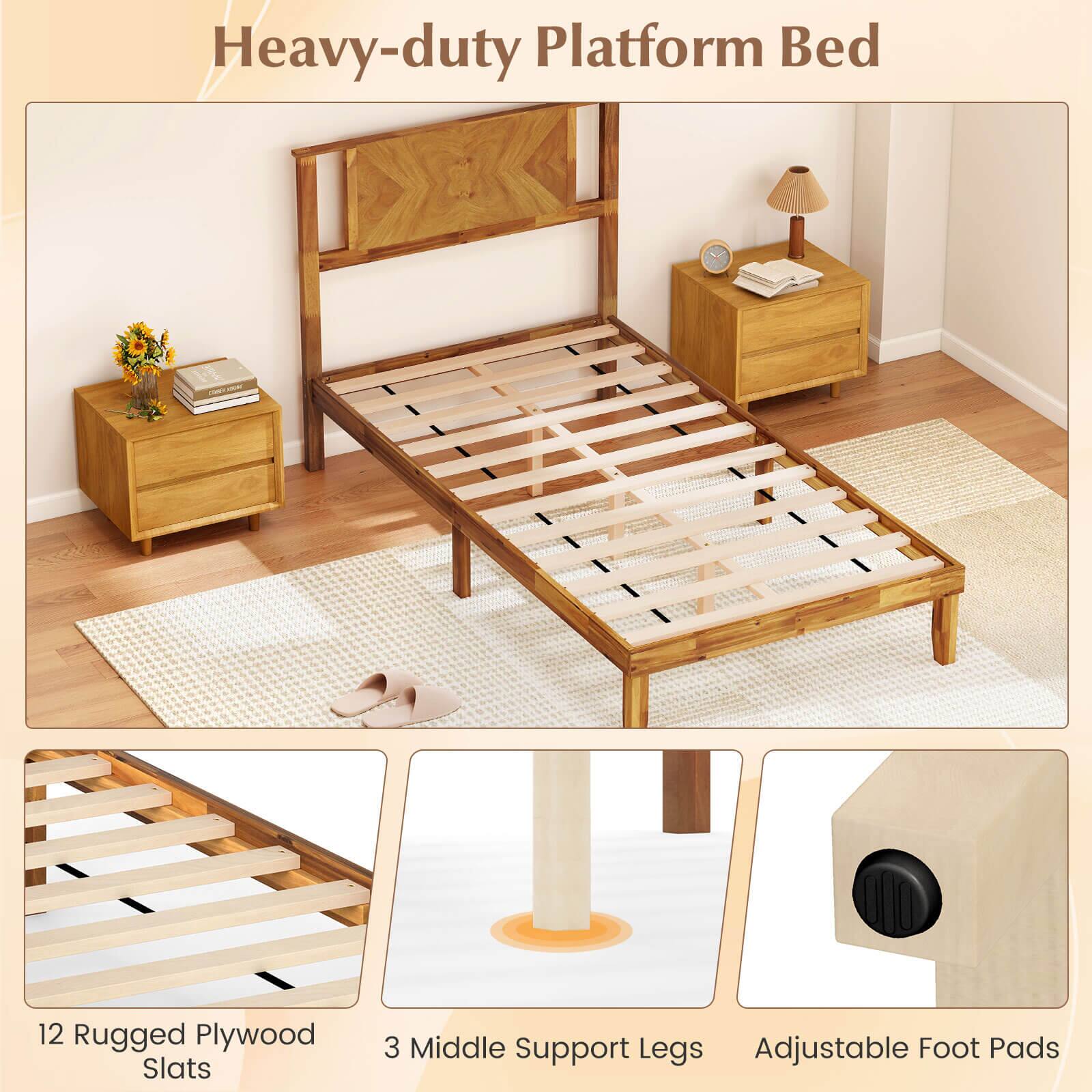 Heavy-duty Platform Bed

12 Rugged Plywood Slats

3 Middle Support Legs

Adjustable Foot Pads