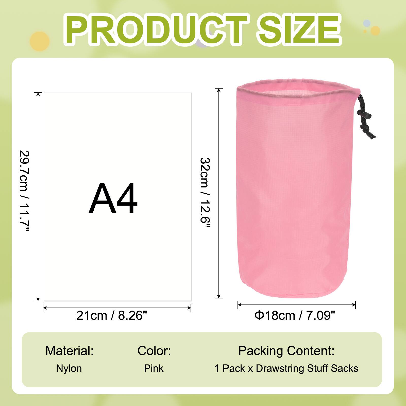PRODUCT SIZE

A4  
29.7cm / 11.7"  
21cm / 8.26"  

32cm / 12.6"  
Φ18cm / 7.09"  

Material: Nylon  
Color: Pink  

Packing Content:  
1 Pack x Drawstring Stuff Sacks