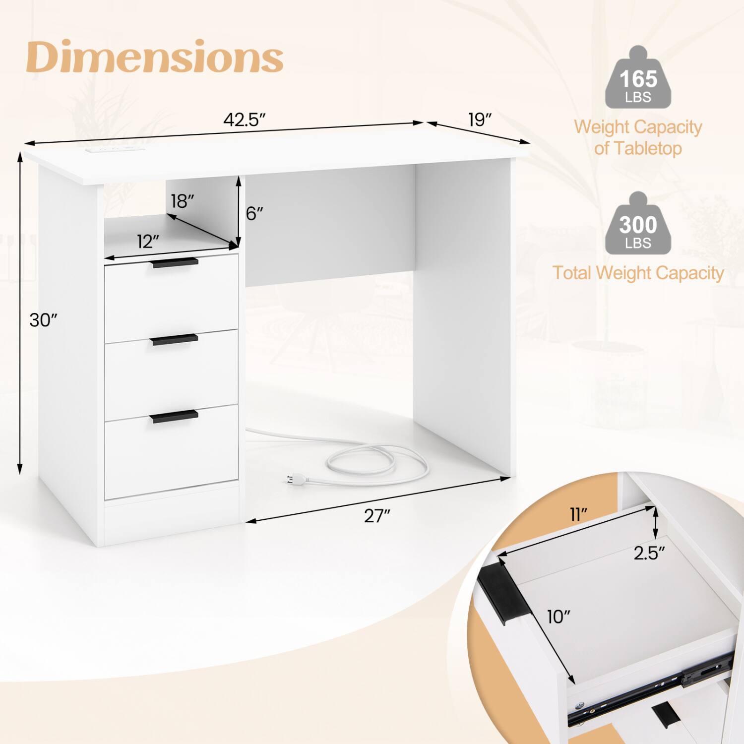 Dimensions  
42.5"  
19"  
165 LBS Weight Capacity of Tabletop  
18"  
12"  
6"  
300 LBS Total Weight Capacity  
30"  
27"  
11"  
2.5"  
10"