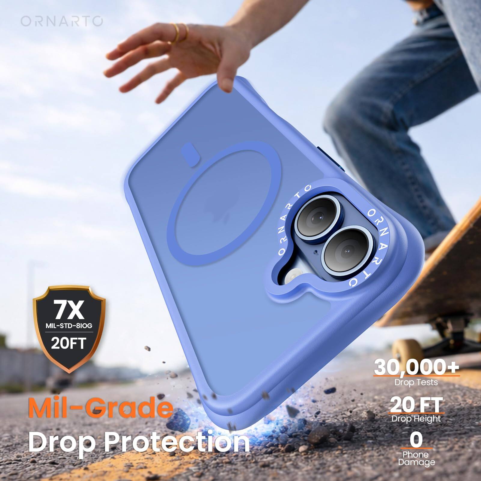 ORNARTO  
ORNARTO 7X MIL-STD-810G 20FT  
Mil-Grade Drop Protection  
30,000+ Drop Tests  
20 FT Drop Height  
0 Phone Damage