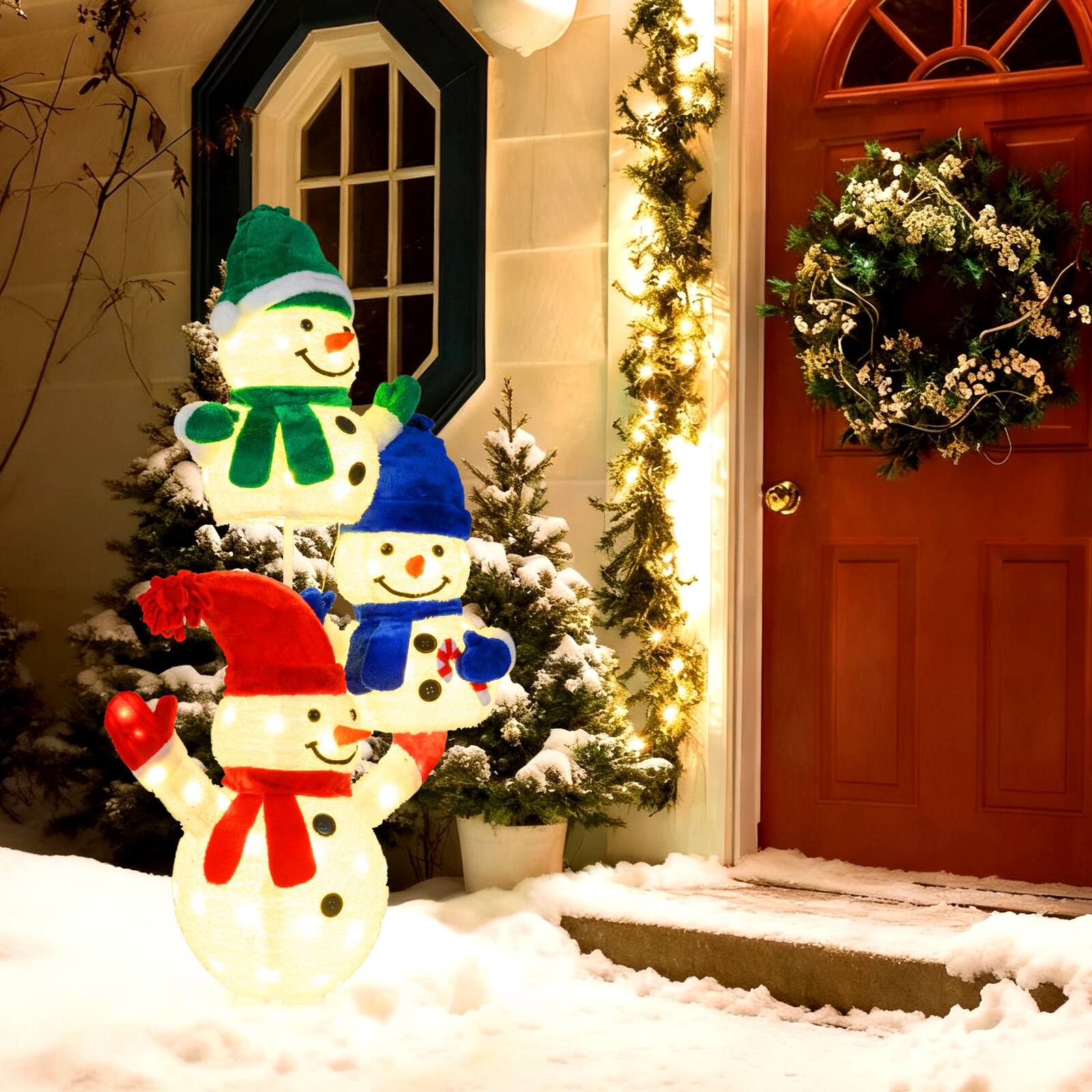 Alt View 3. Gymax - Gymax 5 FT Stacked Snowman Lighted Christmas Decoration w/110 LED Lights Ground Stakes - White.