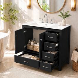 JUJABU - 36" Bathroom Vanity with Ceramic Sink, 2 Soft-close Doors and 5 Drawers - Black