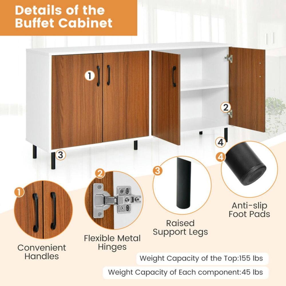 Details of the Buffet Cabinet

1. Convenient Handles
2. Flexible Metal Hinges
3. Raised Support Legs
4. Anti-slip Foot Pads

Weight Capacity of the Top: 155 lbs
Weight Capacity of Each Component: 45 lbs