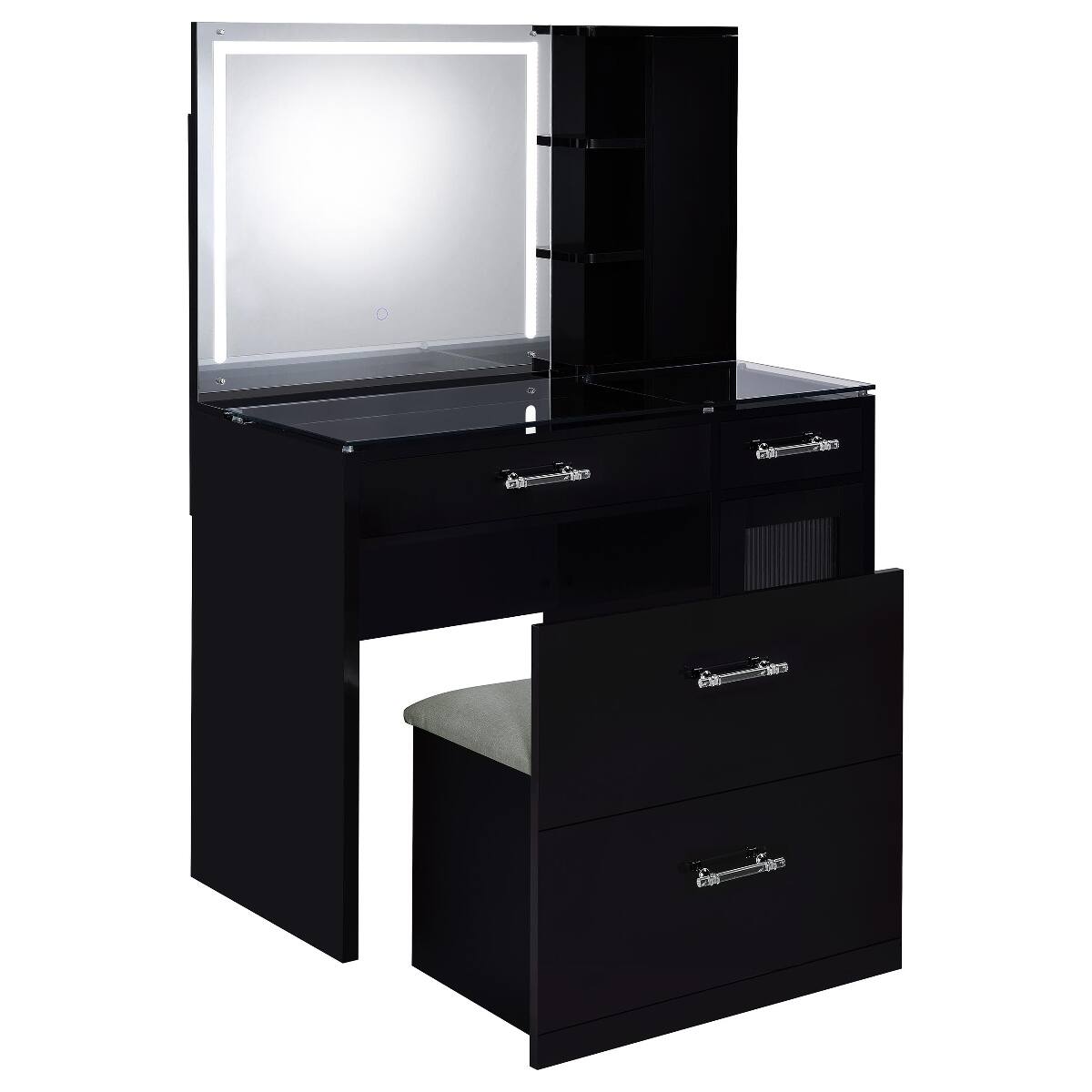 Back. Loheer - Loheer Black High Gloss Makeup Vanity with LED Mirror and Stool - Black.