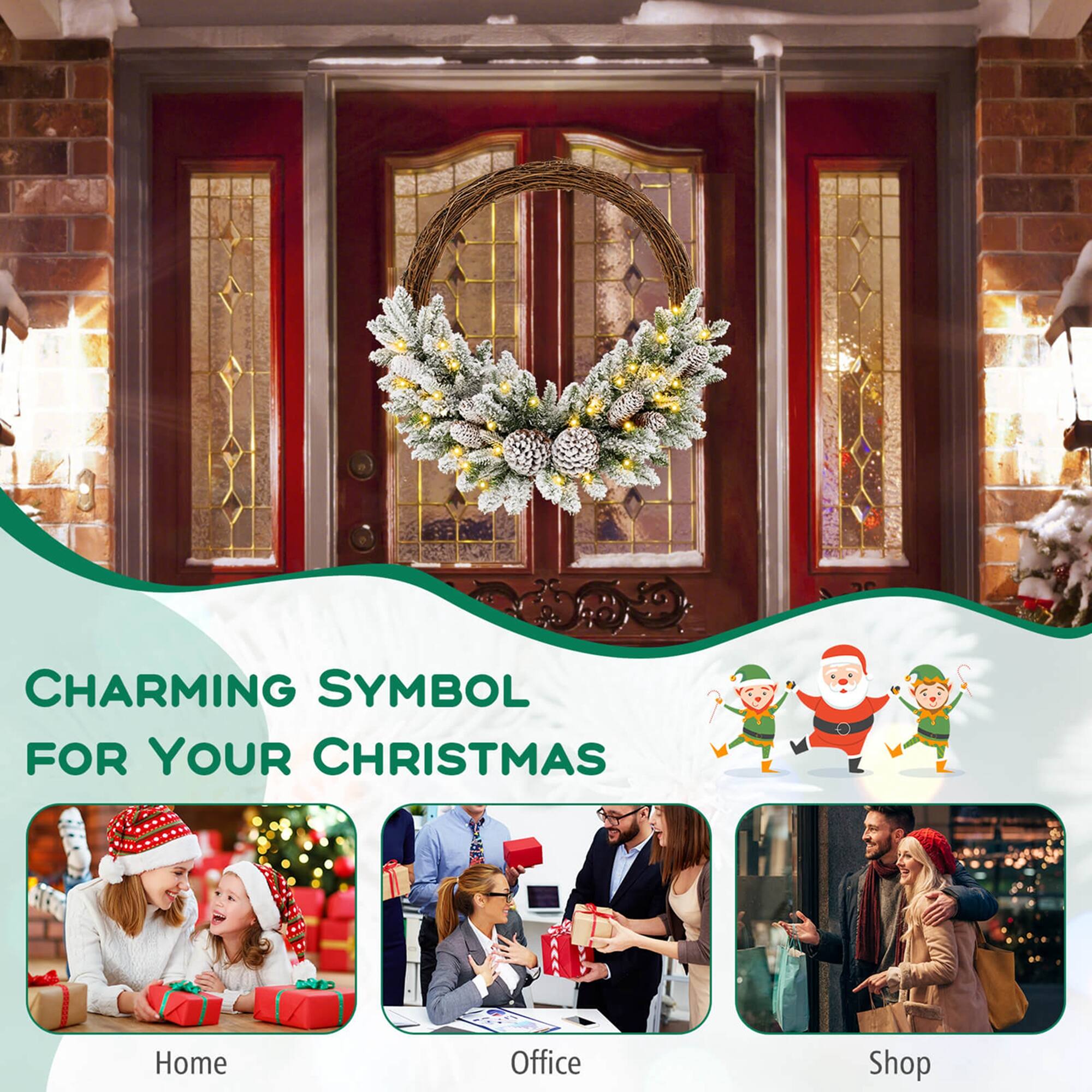 "Charming Symbol for Your Christmas" is a festive advertisement featuring a beautifully decorated wreath on a door, with scenes of people exchanging gifts in a home, office, and shop setting.