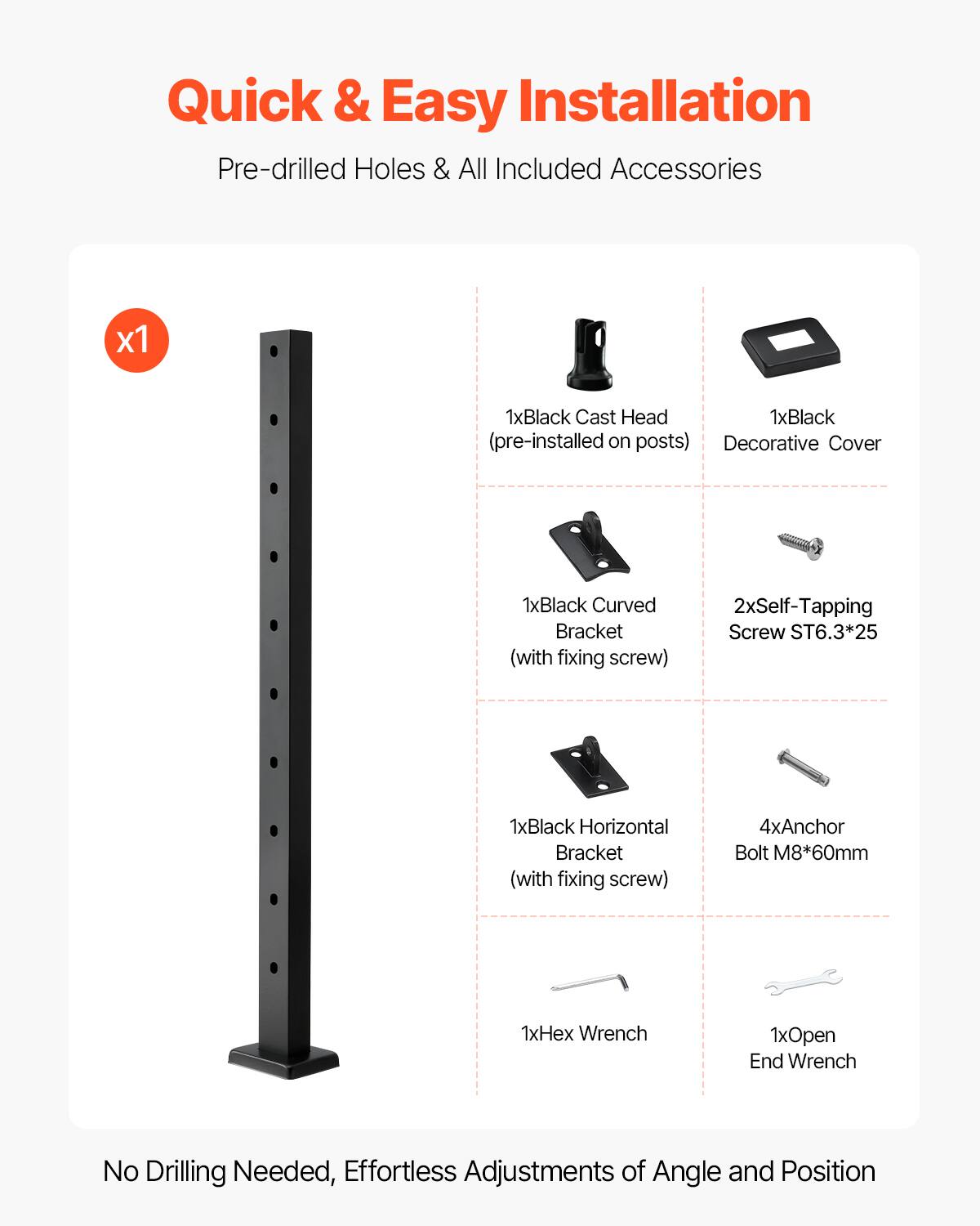 Quick & Easy Installation  
Pre-drilled Holes & All Included Accessories  

- 1x Black Cast Head (pre-installed on posts)  
- 1x Black Decorative Cover  
- 1x Black Curved Bracket (with fixing screw)  
- 2x Self-Tapping Screw ST6.3*25  
- 1x Black Horizontal Bracket (with fixing screw)  
- 4x Anchor Bolt M8*60mm  
- 1x Hex Wrench  
- 1x Open End Wrench  

No Drilling Needed, Effortless Adjustments of Angle and Position