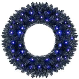 Gymax - 24'' Pre-Lit Artificial Halloween Wreath w/ 35 Purple LED Lights Timer - Black