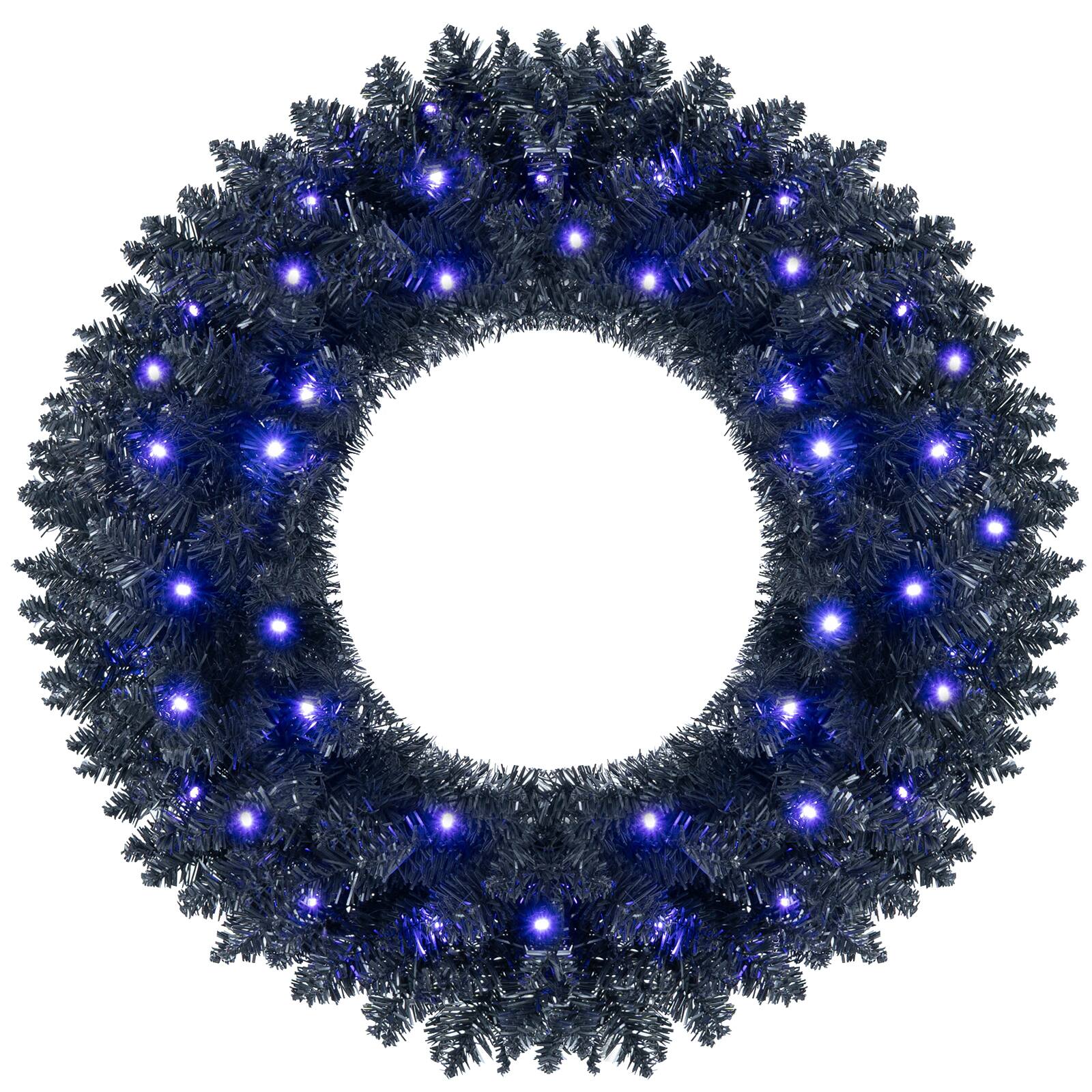 Front. Gymax - Gymax 24'' Pre-Lit Artificial Halloween Wreath w/ 35 Purple LED Lights Timer - Black.