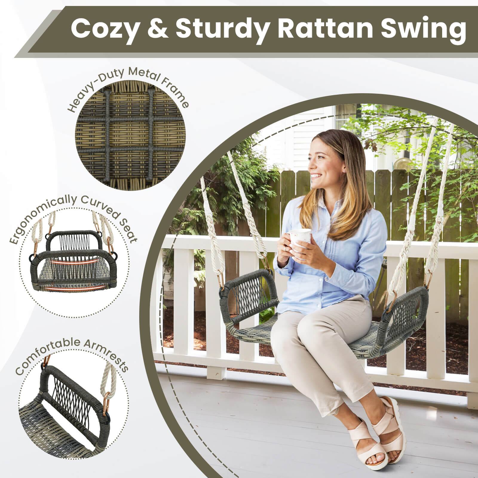Cozy & Sturdy Rattan Swing

Heavy-Duty Metal Frame

Ergonomically Curved Seat

Comfortable Armrests