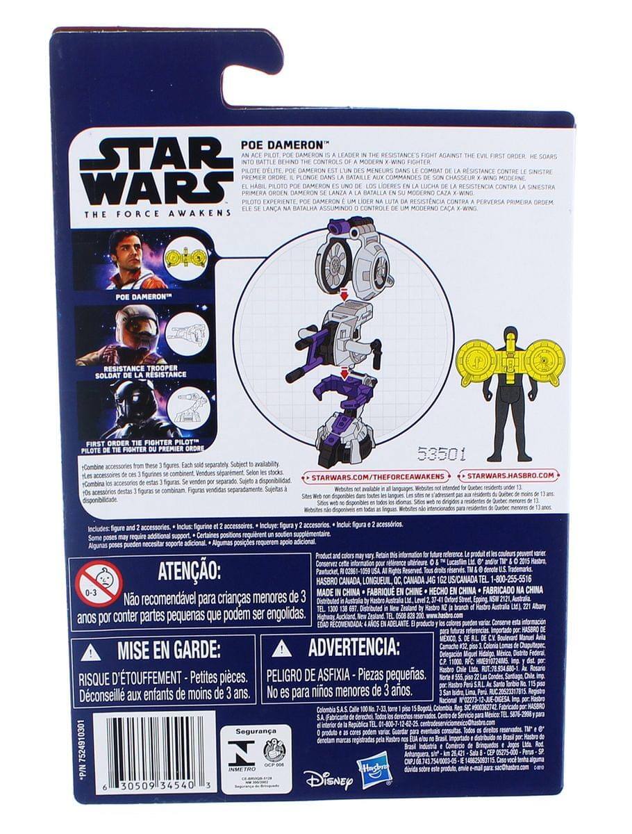 **Star Wars: The Force Awakens**

**Poe Dameron**  
An ace pilot, Poe Dameron is a leader in the Resistance's fight against the evil First Order. He soars into battle behind the Resistance's modern X-wing fighter.

**Resistance Trooper**  
Soldat de la Resistance

**First Order TIE Fighter Pilot**  
Pilote de l'ordre premier TIE

**Combine accessories from these 3 figures. Each sold separately. Subject to availability.**  
Combina accesorios de estas 3 figuras. Vendidos por separado. Sujeto a disponibilidad.  
Combiner accessoires de ces 3 figurines. Vendus séparément. Sujeto à la disponibilidad.  
Combine accessories from these 3 figures. Each sold separately. Subject to availability.  
Incluye: Figura y 2 accesorios.  
Includes: Figure and 2 accessories.  
Incluye: Figura y 2 accesorios.  
Incluye: Figura y 2 accesorios.  
Certain positions require additional support.  
Aigumas posiciones requieren soporte adicional.  
Certaines positions requièrent un support supplémentaire