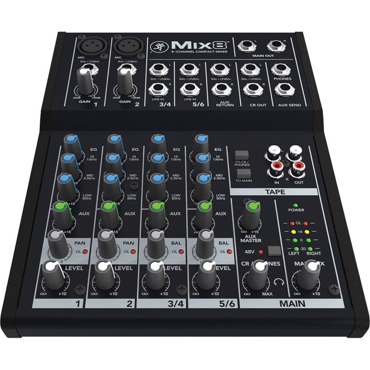 MIX8 JAS-S COMPACT MIXER

MIC BAL/UNBAL
GAIN 1
GAIN 2
LINE IN 3/4
LINE IN 5/6
AUX RETURN
CR OUT
AUX SEND

EQ
12kH
MID 2.5kH
LOW 80Hz
AUX

PAN
OL

LEVEL
+10

PHONES

TAPE
POWER
48V
MASTER
LEFT
RIGHT
LEVEL
+10

MAIN
+10
