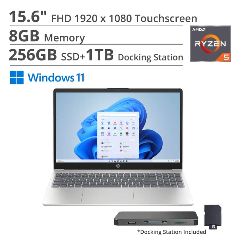15.6" FHD 1920 x 1080 Touchscreen  
8GB Memory  
256GB SSD + 1TB  
AMD Ryzen 5  
Windows 11  
Docking Station Included