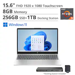 HP - 15.6" FHD Touch Laptop,AMD Ryzen 5 7520U,Intel UHD Graphics,8GB RAM,256GB SSD+1TB Docking Station,Win 11 Home - Silver