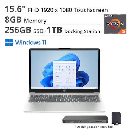 15.6" FHD 1920 x 1080 Touchscreen
8GB Memory
256GB SSD + 1TB
AMD Ryzen 5
Windows 11
Docking Station Included