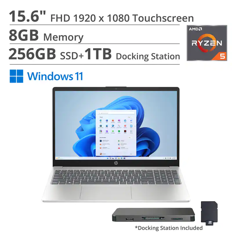 HP - 15.6" FHD Touch Laptop,AMD Ryzen 5 7520U,Intel UHD Graphics,8GB RAM,256GB SSD+1TB Docking Station,Win 11 Home - Silver