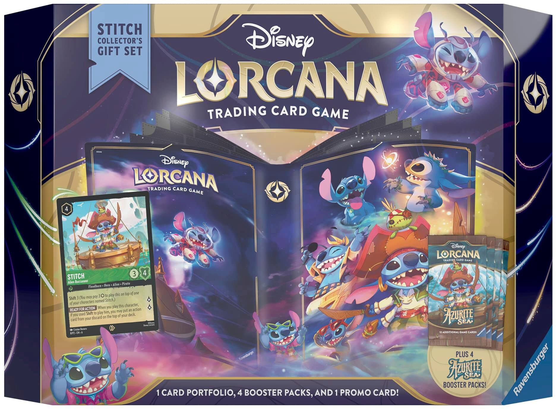 STITCH GIFT COLLECTOR'S SET Disney LORCANA TRADING CARD GAME 4 Disney LORCANA TRADING CARD GAME Disney LORCANA  SARS LAMEN 3 4 STITCH Alen Buccaneer Were Alien Finale Fnoder di on top of une 1 (You may play Stitch Soick) character named d yOur this character, ORACTION When you play READY me DU - action used Shift to play Nm, you e yoU the 100 of your deck. discard on card from your - NFD a 1 CARD PORTFOLIO, 4 BOOSTER PACKS, AND 1 PROMO CARD! AuRE SEA - ADSITIURAL CAME Latrin PLUS 4  SEA BOOSTER PACKS! Ravensburger