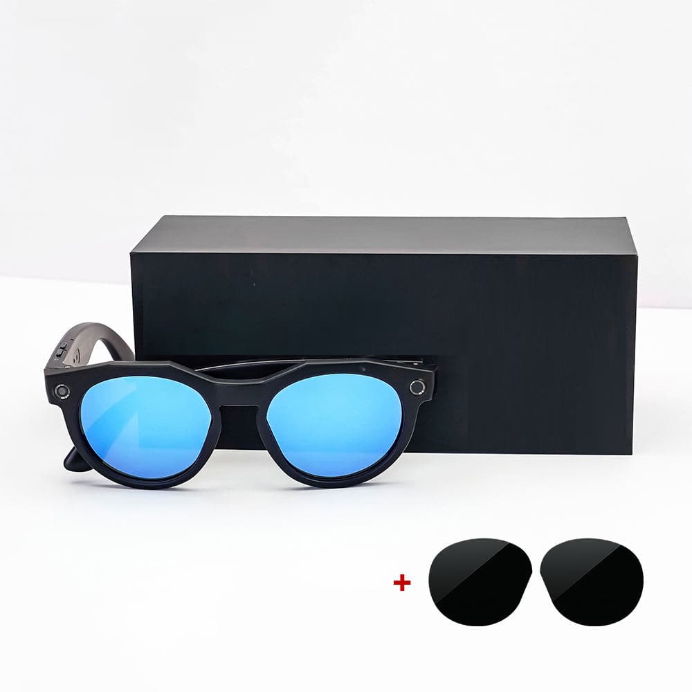 PRIMEPLUS - 8MP 4K Camera AI Smart Glasses Dual Lenses Video Recording WIFI Transfer Sunglasses Smart Glasses - Black-Blue