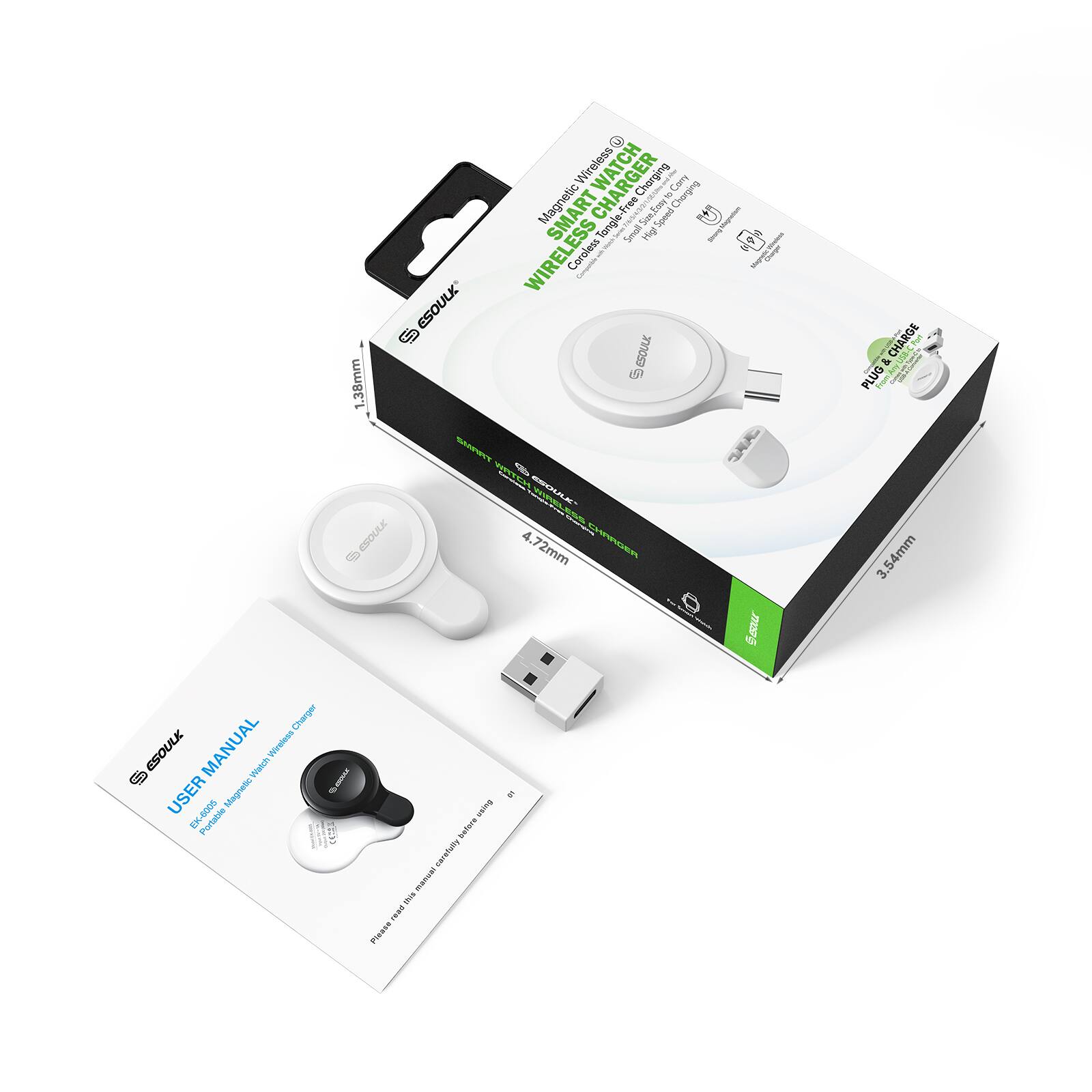 Wireless Smart Charger  
Magnetic Charging  
Cable-Free  
1.38mm  
4.72mm  
3.54mm  
Plug  
User Manual  
Wireless Charging  
Magnetic Watch  
Portable  
Charging Before  
Agencies  
Please