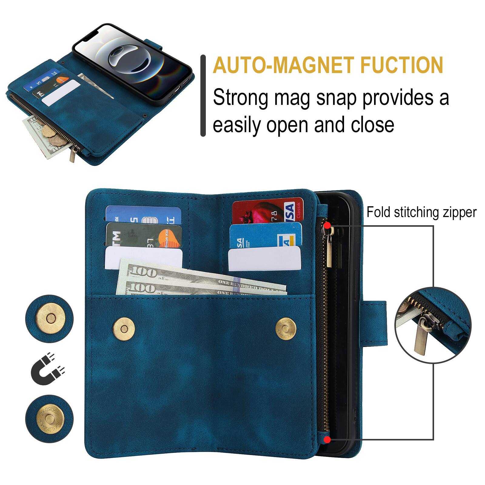 AUTO-MAGNET FUNCTION  
Strong mag snap provides a easily open and close  

Fold stitching zipper