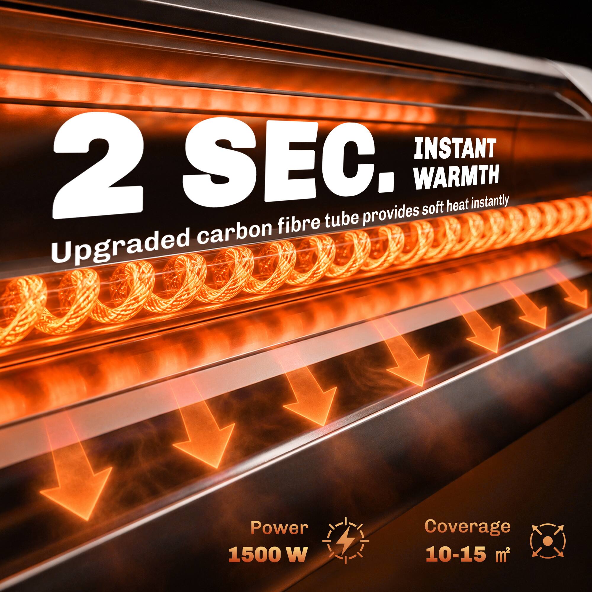 2 SEC.  
INSTANT WARMTH  
Upgraded carbon fibre tube provides soft heat instantly  

Power 1500 W  
Coverage 10-15 m²