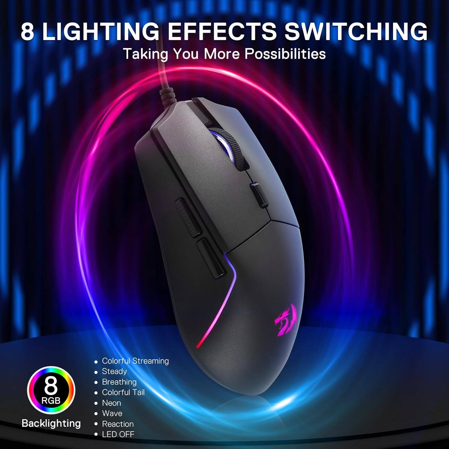 8 LIGHTING EFFECTS SWITCHING  
Taking You More Possibilities

- Colorful Streaming
- Steady
- Breathing
- Colorful Tail
- Neon
- Wave
- Reaction
- LED OFF

8 RGB  
Backlighting