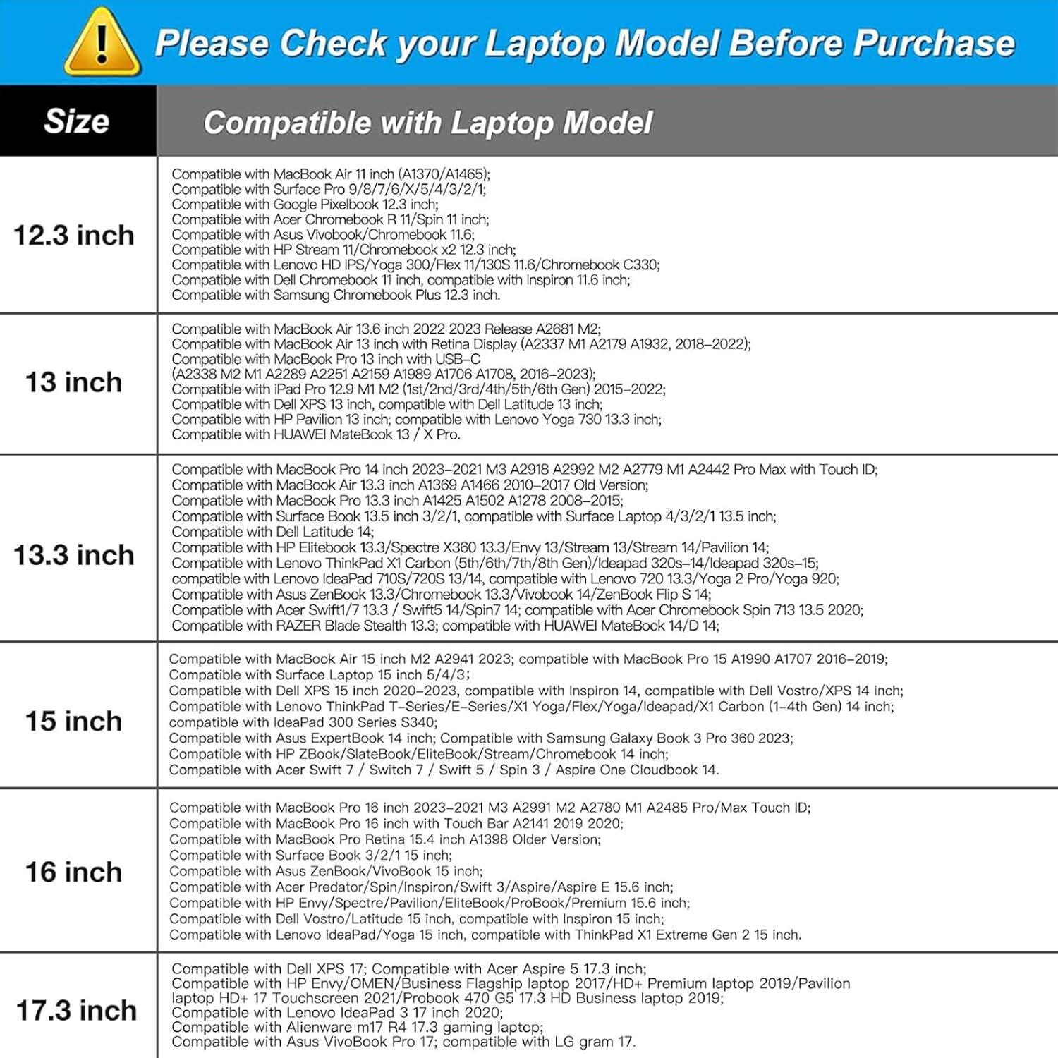 Please Check your Laptop Model Before Purchase

Size | Compatible with Laptop Model

12.3 inch
- Compatible with MacBook Air 11 inch (A1370/A1465);
- Compatible with Surface 9/8/7/6/X/5/4/3/2/1;
- Compatible with Google Pixelbook 12.3 inch;
- Compatible with Chromebook 11.6 inch;
- Compatible with Asus Vivobook/Chromebook 11.6 inch;
- Compatible with HP Stream 11 R11n/Chromebook 11.6 inch;
- Compatible with Lenovo HD IPS Yoga 300/Flex 11.6 inch;
- Compatible with Samsung Chromebook Plus 12.3 inch;
- Compatible with Acer Chromebook 11.6 inch;
- Compatible with Dell Inspiron 11.6 inch;
- Compatible with HP Chromebook 11.6 inch;
- Compatible with Lenovo Chromebook 11.6 inch;
- Compatible with Acer Chromebook 11.6 inch;
- Compatible with Lenovo Chromebook 11.6 inch;
- Compatible with Lenovo Chromebook 11.6 inch;
- Compatible