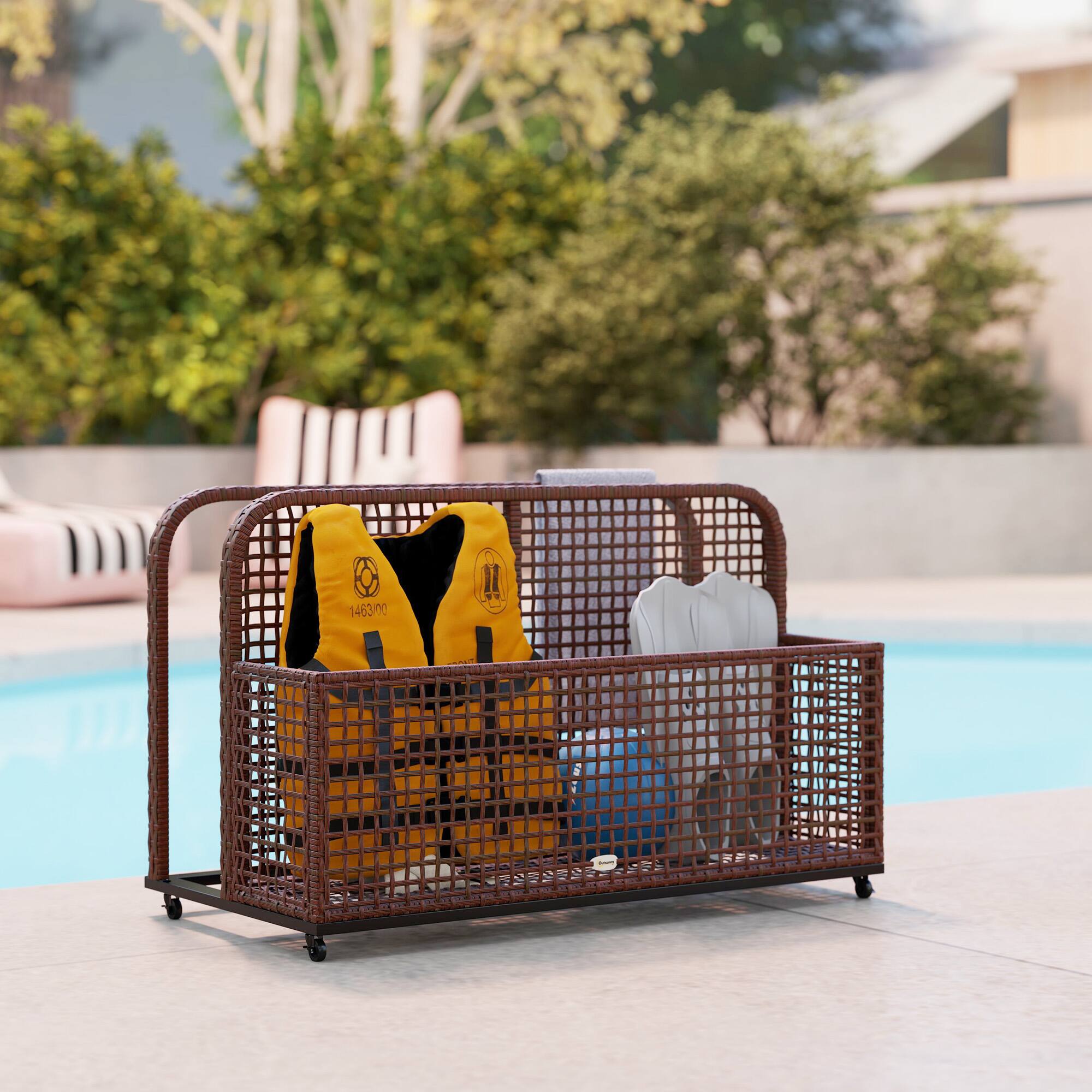 Alt View 5. Outsunny - Outsunny Patio Wicker Pool Float Storage with Wheels, Outdoor Rolling PE Rattan Pool Caddy - Brown.