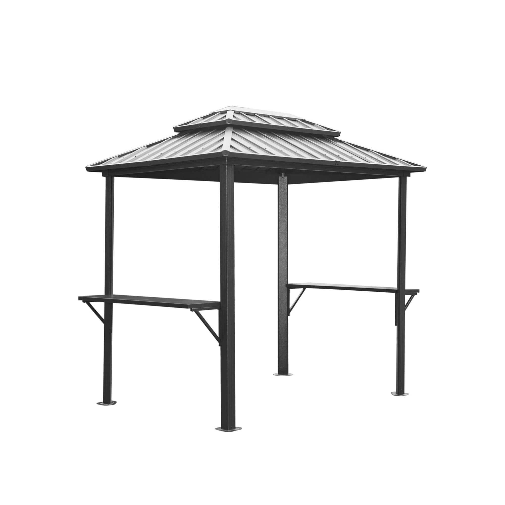 APRILSOUL - 8X6 FT Aluminum BBQ Gazebo Outdoor Metal Frame with Shelves Serving Tables Permanent Double Roof Hard top Gazebos Grey