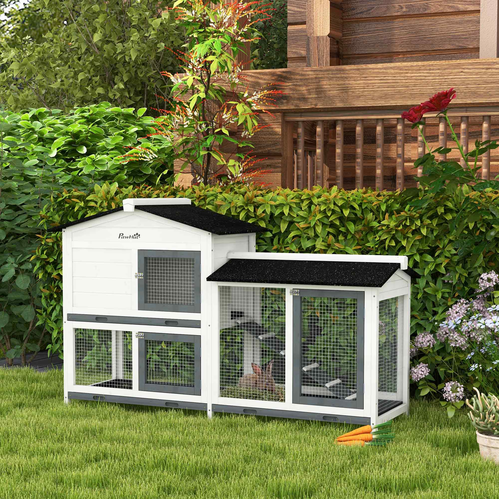 Angle. Pawhut - 62" Rabbit Hutch, Wooden, Guinea Pig Cage, Small Animal Enclosure with Run Area, Removable Tray, Asphalt Roof.
