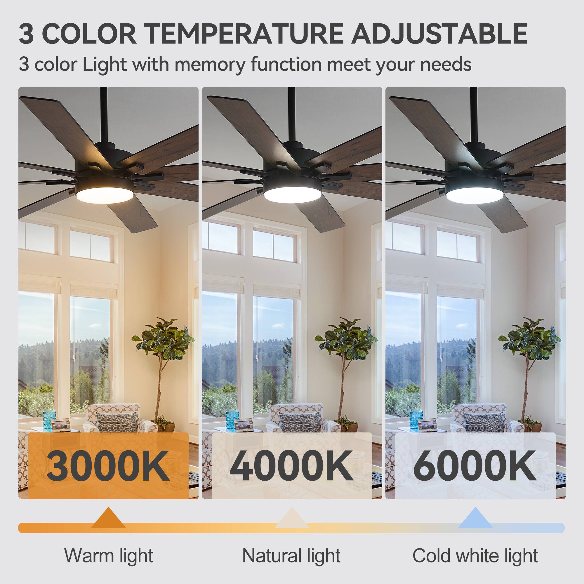 3 COLOR TEMPERATURE ADJUSTABLE  
3 color Light with memory function meet your needs  

3000K  
Warm light  

4000K  
Natural light  

6000K  
Cold white light