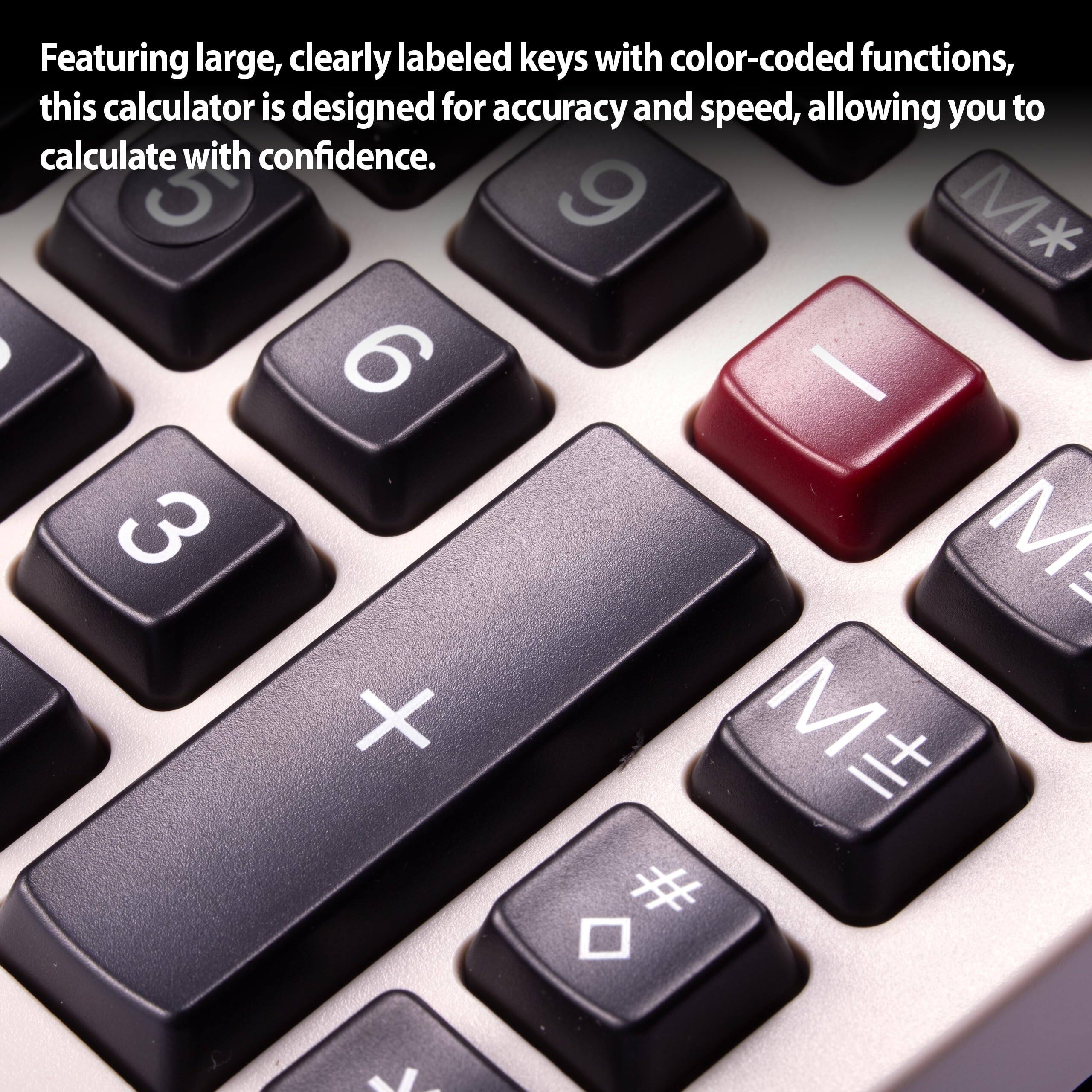 Featuring large, clearly labeled keys with color-coded functions, this calculator is designed for accuracy and speed, allowing you to calculate with confidence.