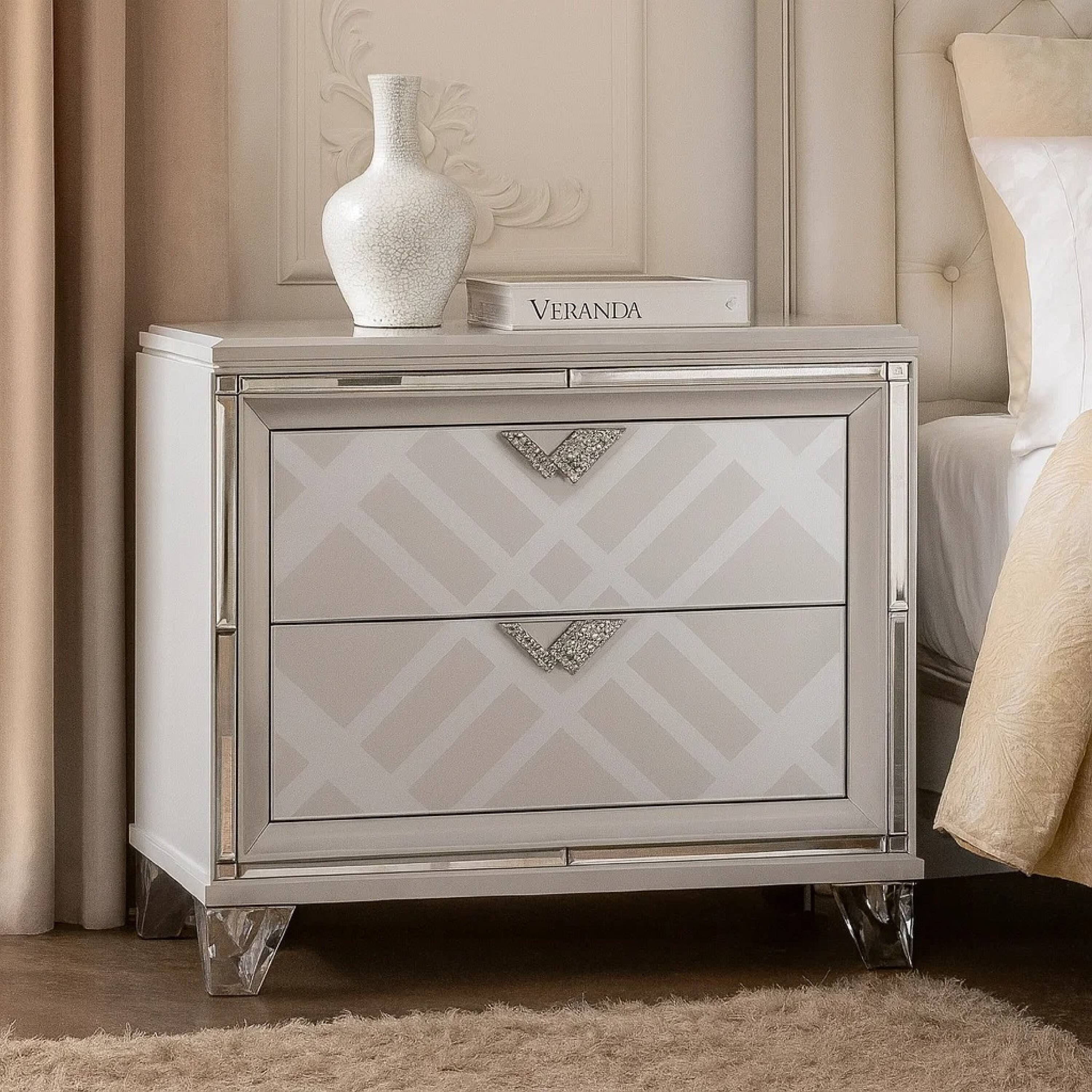 Alt View 5. Manhattan Lane - Beli 30 Inch Modern 2 Drawer Nightstand, Carved Acrylic Feet - White.