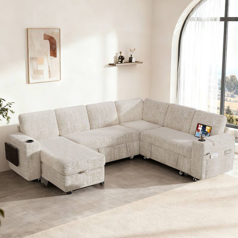 Left. Vipbear - 110" Modular 7 Seat L Shaped Couch with Reclining Backrest|USB Ports|Cup Holders|Side Table|Storage Chaise Armrests - Beige.