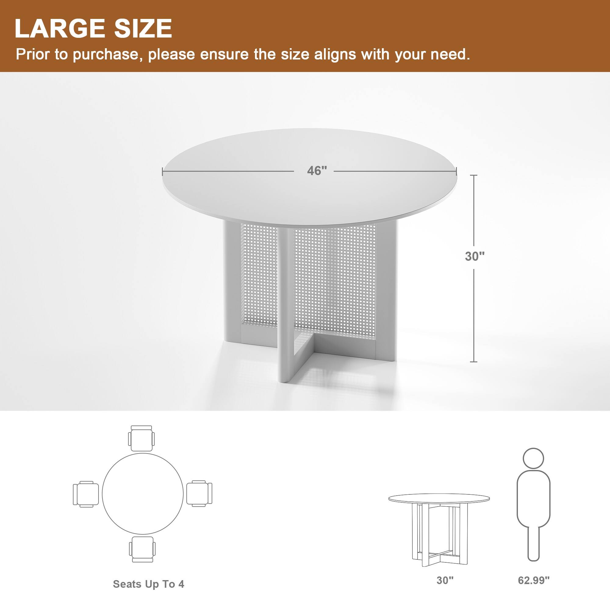 LARGE SIZE  
Prior to purchase, please ensure the size aligns with your need.  

46"  
30"  
Seats Up To 4  
30"  
62.99"