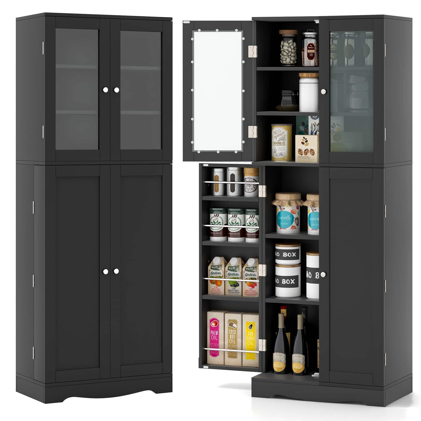 Ecooso - Tall Kitchen Pantry Sideboard Cabinet Organizer with Dual Glass Doors and Adjustable Storage Shelves - Black