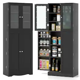 Ecooso - Tall Kitchen Pantry Sideboard Cabinet Organizer with Dual Glass Doors and Adjustable Storage Shelves - Black