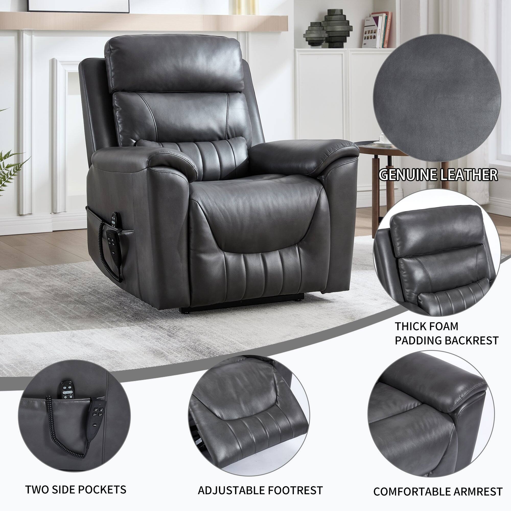 - Genuine Leather
- Thick Foam Padding Backrest
- Two Side Pockets
- Adjustable Footrest
- Comfortable Armrest