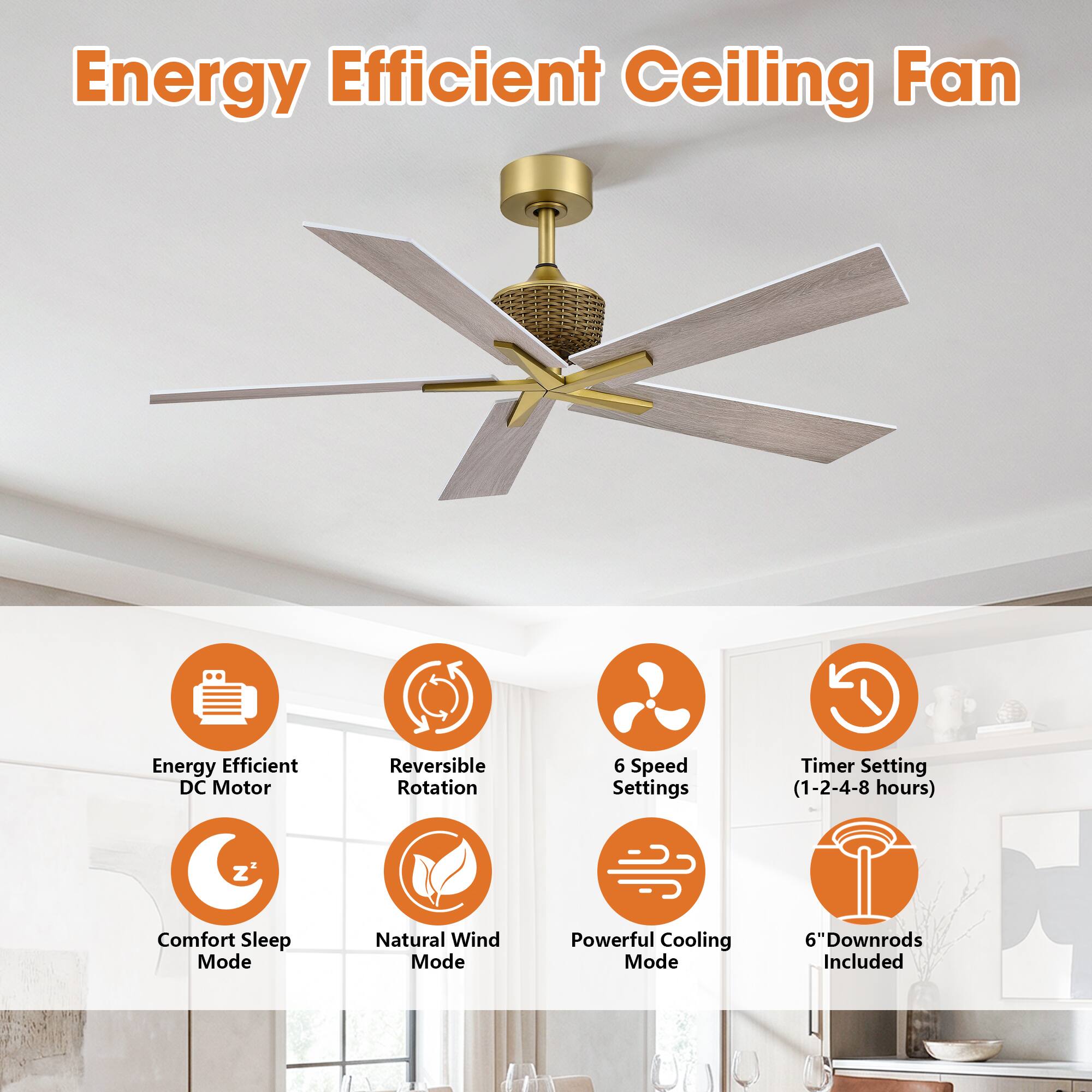 Energy Efficient Ceiling Fan  
Energy Efficient DC Motor  
Reversible Rotation  
6 Speed Settings  
Timer Setting (1-2-4-8 hours)  
Comfort Sleep Mode  
Natural Wind Mode  
Powerful Cooling Mode  
6" Downrods Included