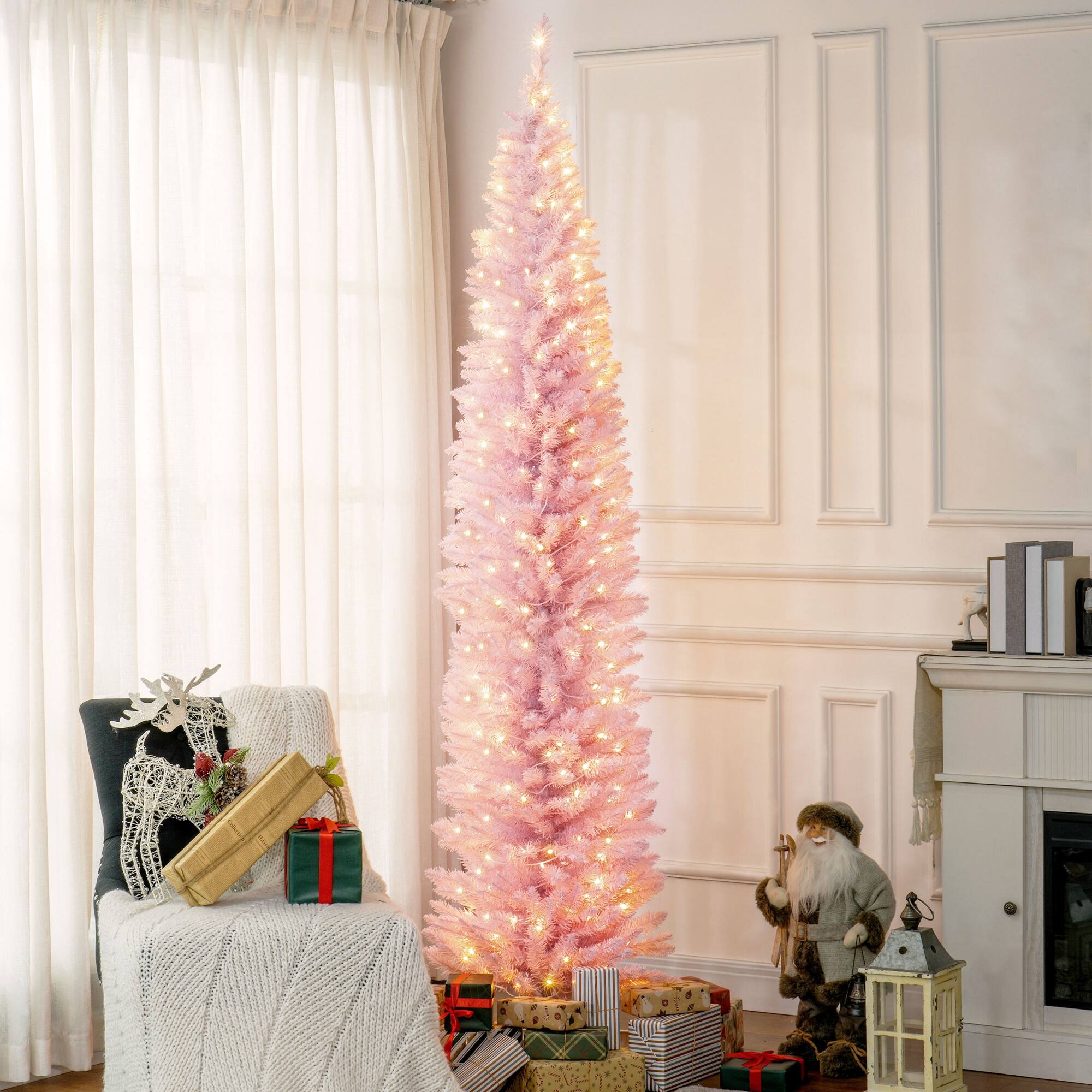 Alt View 1. Homcom - Tall Pre-Lit Slim Noble Fir Artificial Pencil Christmas Tree with 300 Warm White LED Lights and 618 Tips - Pink.