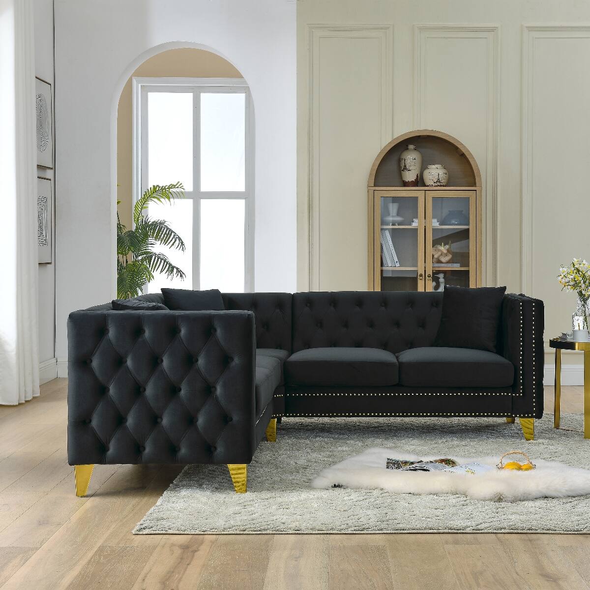 Angle. Ropilly - Ropilly Velvet Corner Sofa, L Shaped Sectional Couch, Black 5 Seater Chesterfield Style Sofa - Black.