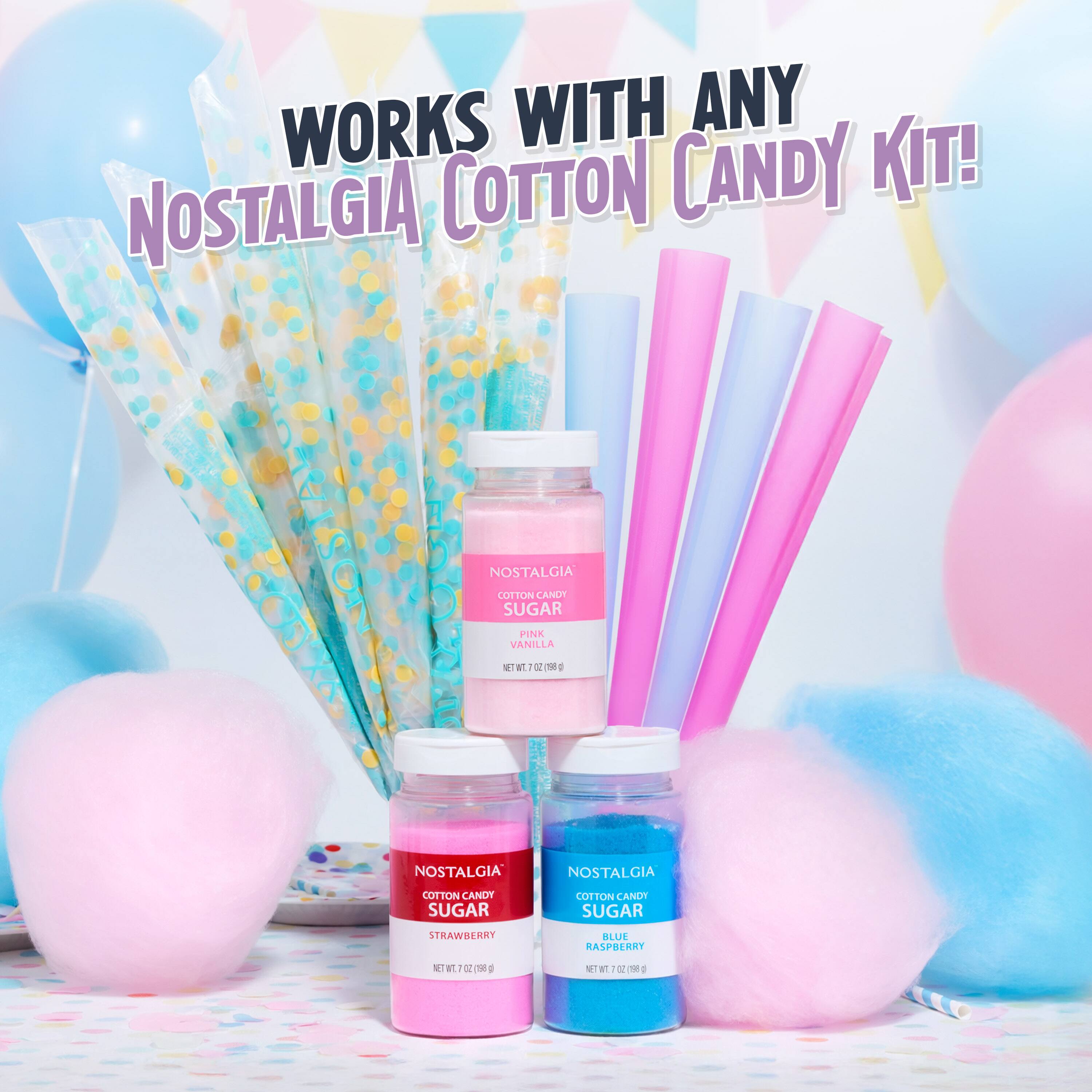 WORKS WITH ANY COTTON CANDY KIT!  
NOSTALGIA COTTON CANDY SUGAR  
PINK VANILLA  
NET WT 7 OZ (198 g)  

NOSTALGIA COTTON CANDY SUGAR  
STRAWBERRY  
NET WT 7 OZ (198 g)  

NOSTALGIA COTTON CANDY SUGAR  
BLUE RASPBERRY  
NET WT 7 OZ (198 g)