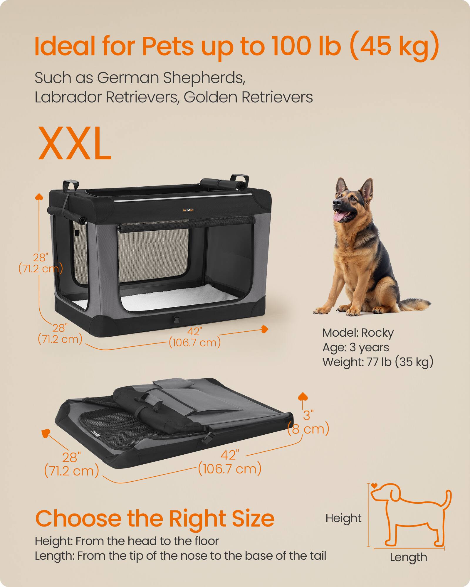 Ideal for Pets up to 100 lb (45 kg) Such as German Shepherds, Labrador Retrievers, Golden Retrievers

XXL

28" (71.2 cm)
28" (71.2 cm)
42" (106.7 cm)

Model: Rocky
Age: 3 years
Weight: 77 lb (35 kg)

28" (71.2 cm)
42" (106.7 cm)
3" (8 cm)

Choose the Right Size
Height: From the head to the floor
Length: From the tip of the nose to the base of the tail