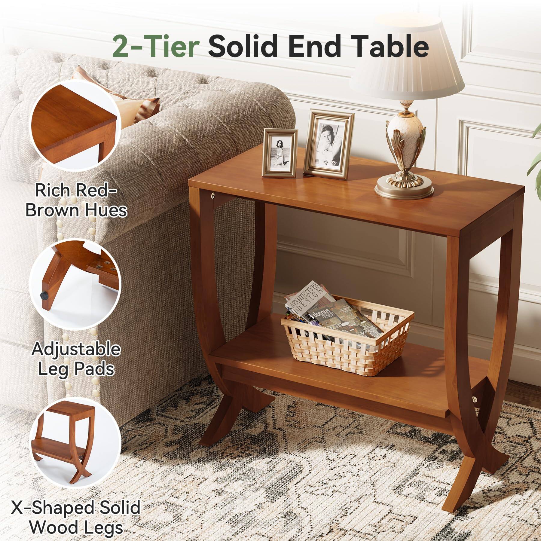 2-Tier Solid End Table

Rich Red-Brown Hues

Adjustable Leg Pads

X-Shaped Solid Wood Legs