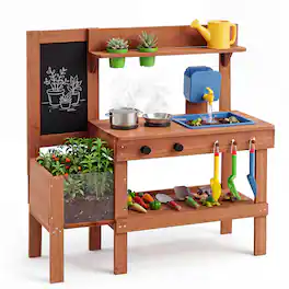 Costway - Kids Mud Kitchen with Planter Box, Sink, Stoves, Chalkboard & 13 Accessories - Natural