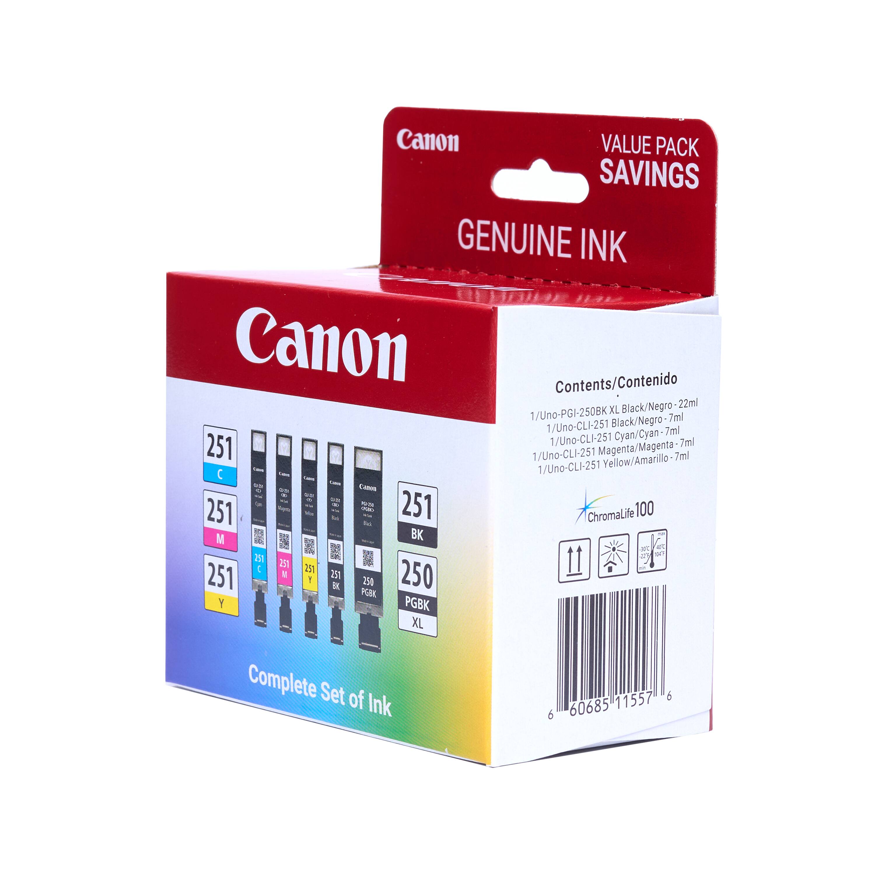 Canon Value Pack Saving Genuine Ink:

* Black/Negro 22ml: 1/Uno-PGI-250BK
* XL Black/Negro 7ml: 1/Uno-CLI-251
* Cyan/Cyan 7ml: 251 1/Uno-CLI-251
* Magenta/Magenta 7ml: 251 1/Uno-CLI-251
* Yellow/Amarillo 7ml: C 1/Uno-CLI-251
* ChromaLife 100 M BK B aC: 251
* ChromaLife 100 M PGBE Y PGBK XL: 250

Complete Set of Ink: 11557 5 60685