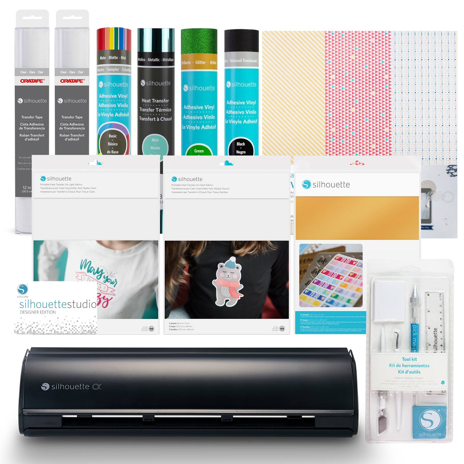 Sure, here is the corrected and grouped text from the image:
**Products:**
- ORATAPE®
- Transfer Tape
- Clear - Clear
- Basic - Basic
- Metallic - Métallique
- Glitter - Brillant
- Black - Noir
- Adhesive Vinyl
- Basic - Basic
- Heat Transfer - Transfer Térmico
- Adhesive Vinyl - Adhesive Vinyl
- Adhesive Vinyl - Adhesive Vinyl
- Adhesive Vinyl - Adhesive Vinyl
- Patterned Transfer Tape
- Silhouette Studio
- Designer Edition
- Silhouette Tool Kit
- Kit de herramientas
- Kit d'outils
**Descriptions:**
- Transfer Tape
- Ruban Transfert
- Ruban Transfert
- Ruban Transfert
- Ruban Transfert
- Adhesive Vinyl
- Adhesive Vinyl
- Transfer Térmico
- Adhesive Vinyl
- Adhesive Vinyl
- Patterned Transfer Tape
- Silhouette Studio
- Designer Edition
- Silhouette Tool Kit
- Kit de herramientas
- Kit d'